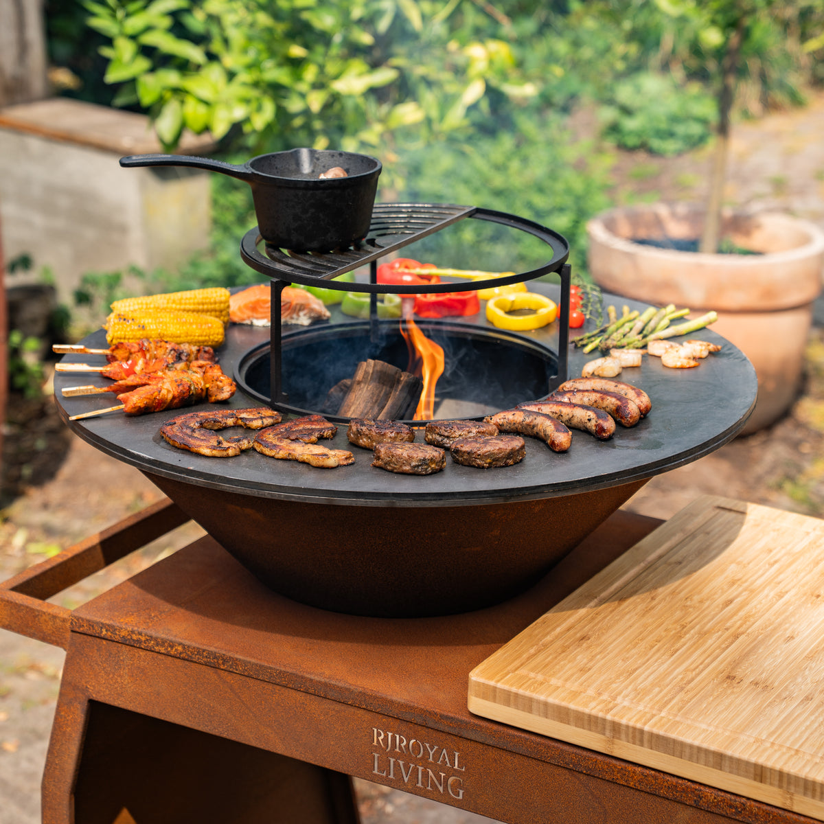 BBQ Plancha Grill Big Jack Acero Corten 3.0 - Con Borde de Madera Mesa