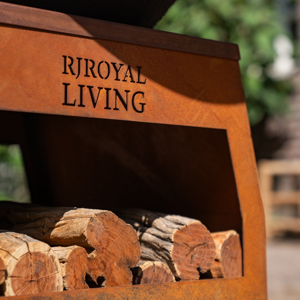 Barbacoa Plancha Grill Brasero de Acero Corten con ruedas grandes y almacén de leña Ø75cm