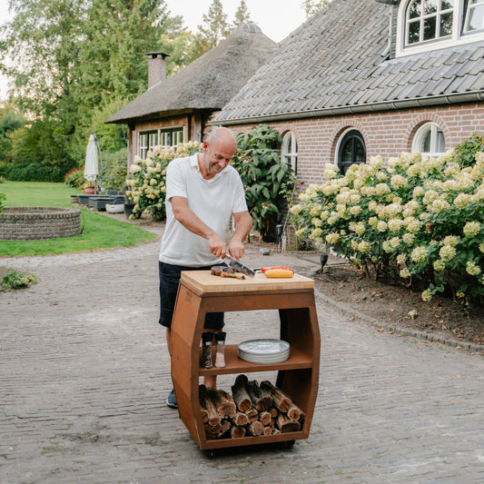 Mesa de trabajo BBQ Plancha - Tabla Cortar Acero Corten - Con Tabla de Cortar