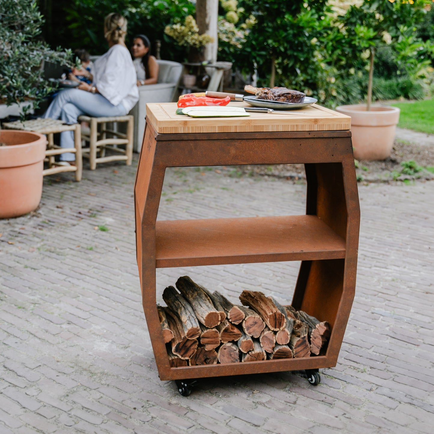 Mesa de trabajo BBQ Plancha - Tabla Cortar Acero Corten - Con Tabla de Cortar