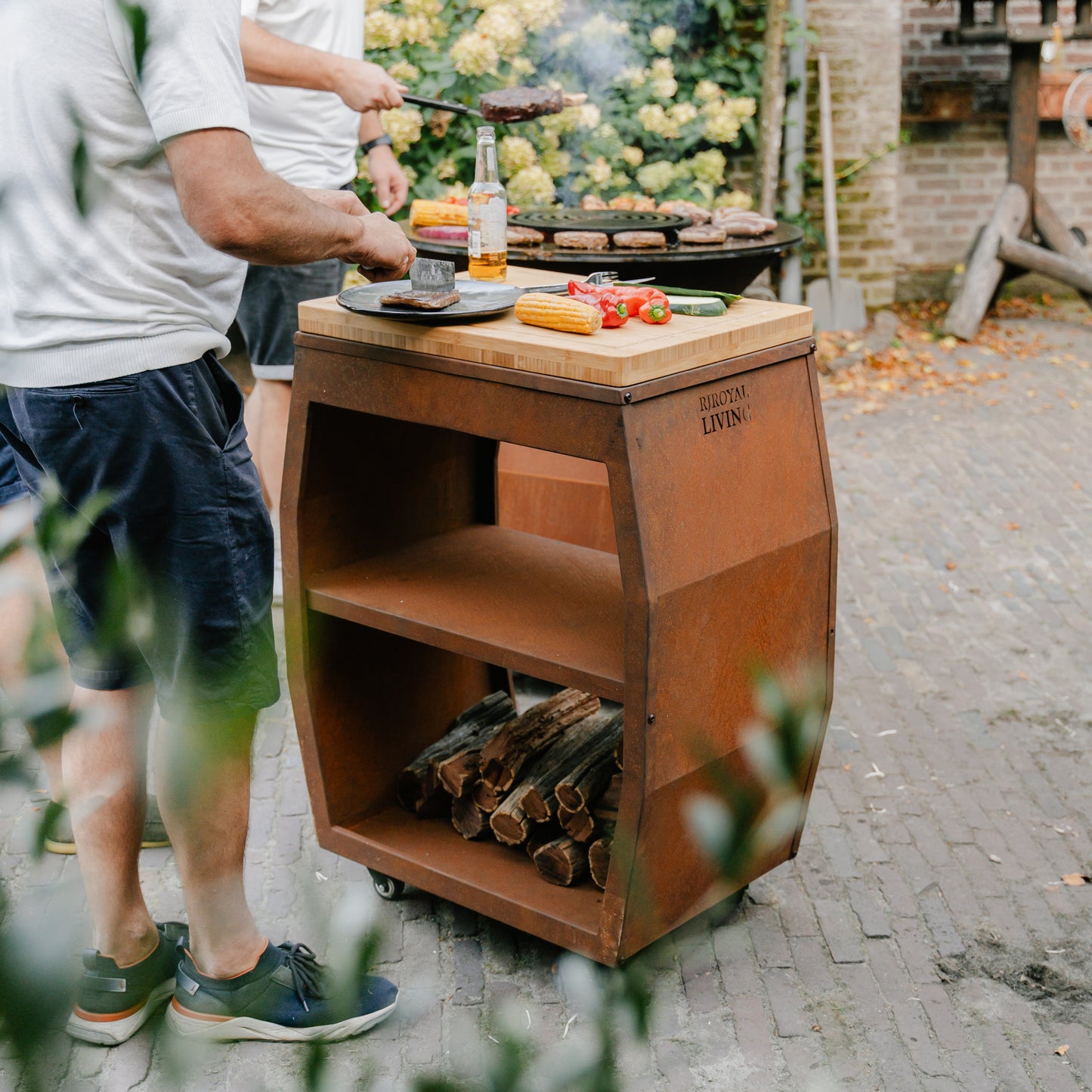 Mesa de trabajo BBQ Plancha - Tabla Cortar Acero Corten - Con Tabla de Cortar