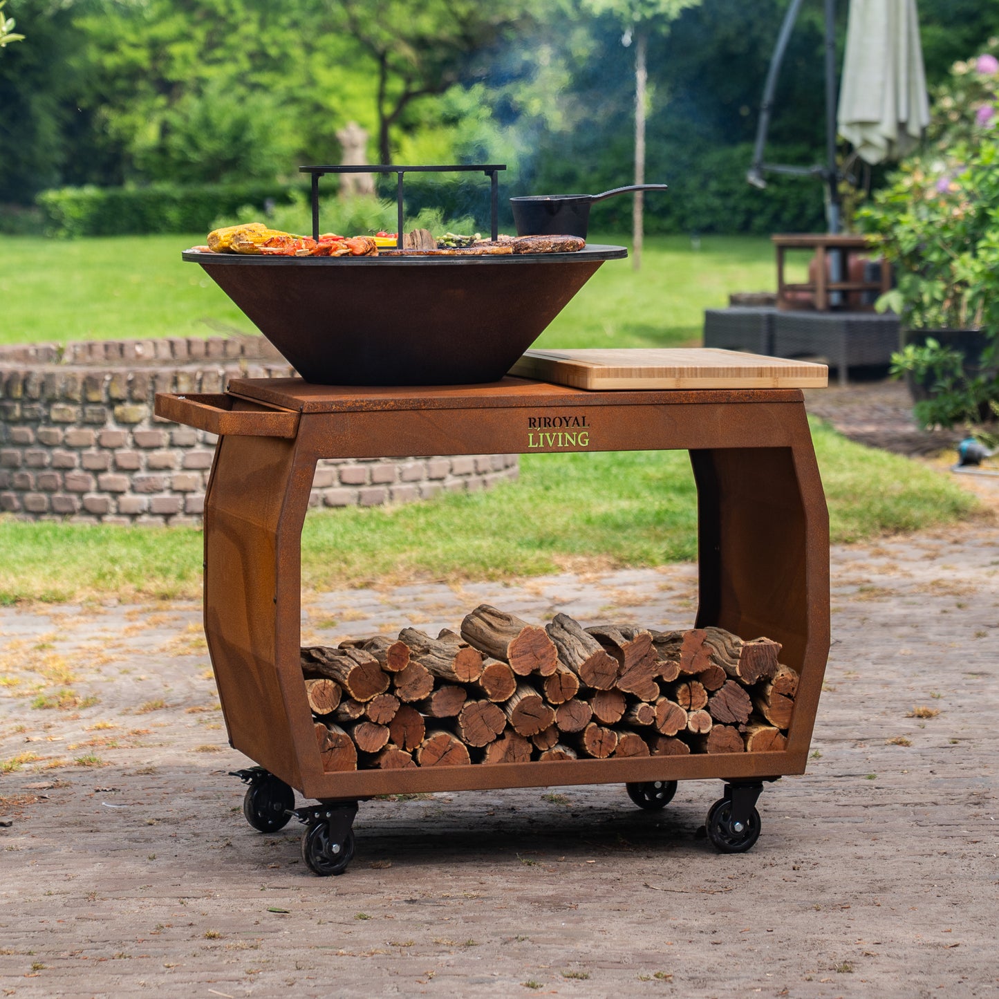 BBQ Plancha Grill Big Jack Acero Corten 3.0 - Con Borde de Madera Mesa