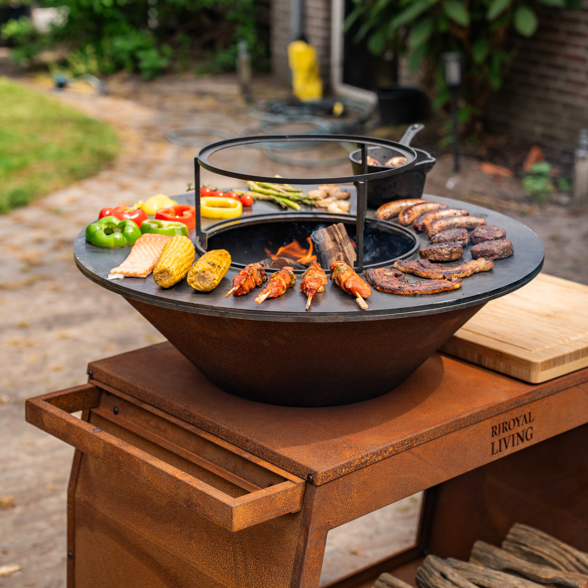 BBQ Plancha Grill Big Jack Acero Corten 3.0 - Con Borde de Madera Mesa