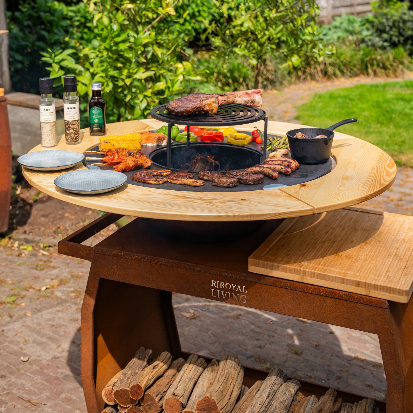 BBQ Plancha Grill Big Jack Acero Corten 3.0 - Con Borde de Madera Mesa