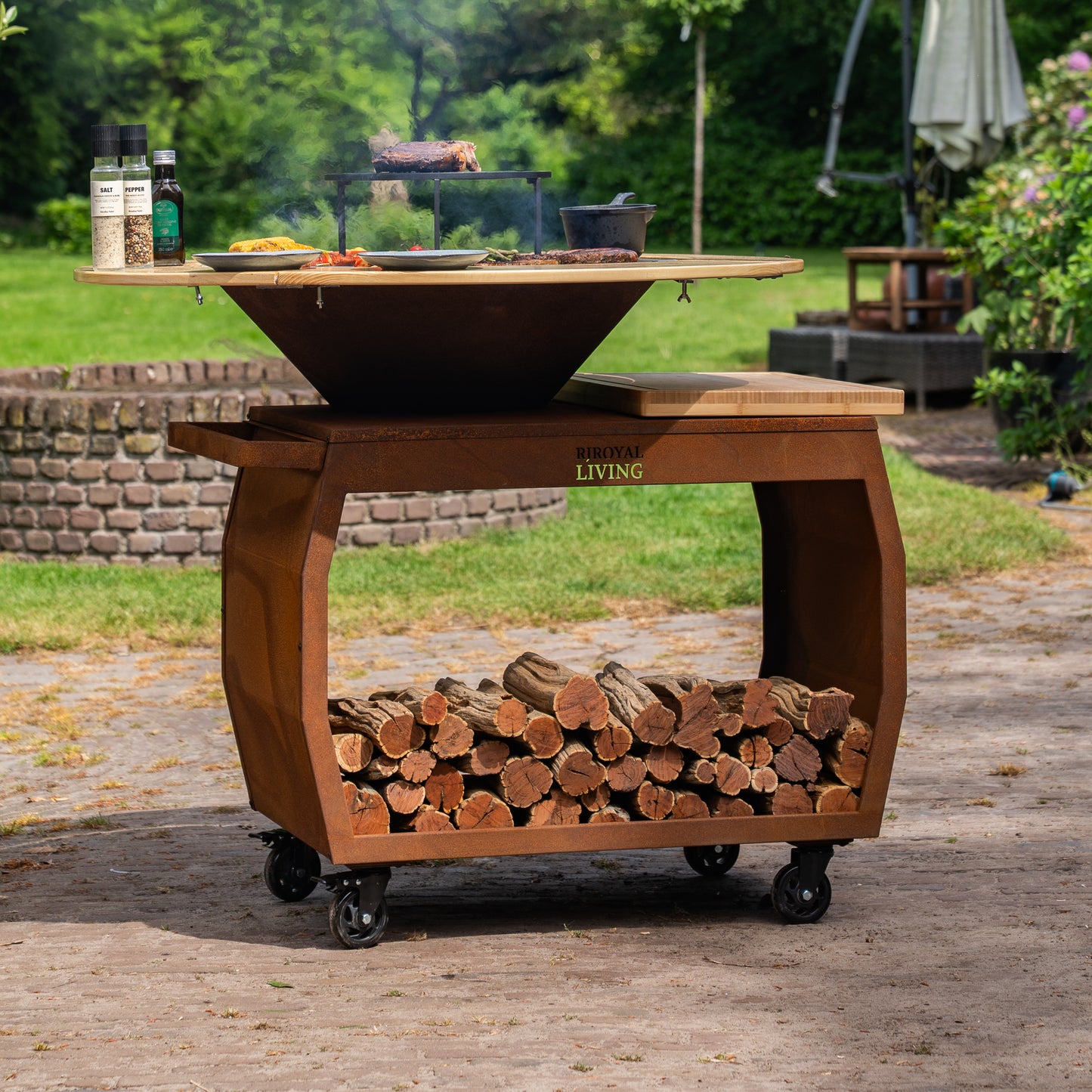BBQ Plancha Grill Big Jack Acero Corten 3.0 - Con Borde de Madera Mesa