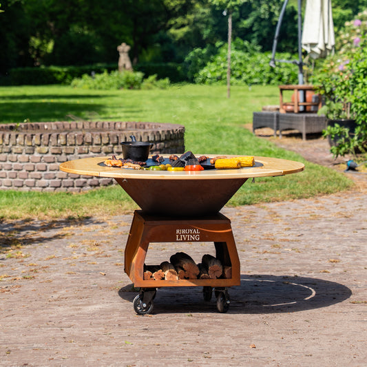 Barbacoa Plancha Grill Brasero Brasero de acero corten con placa de cocción de Ø80cm y Mesa (borde de madera) ruedas grandes, almacenamiento de leña
