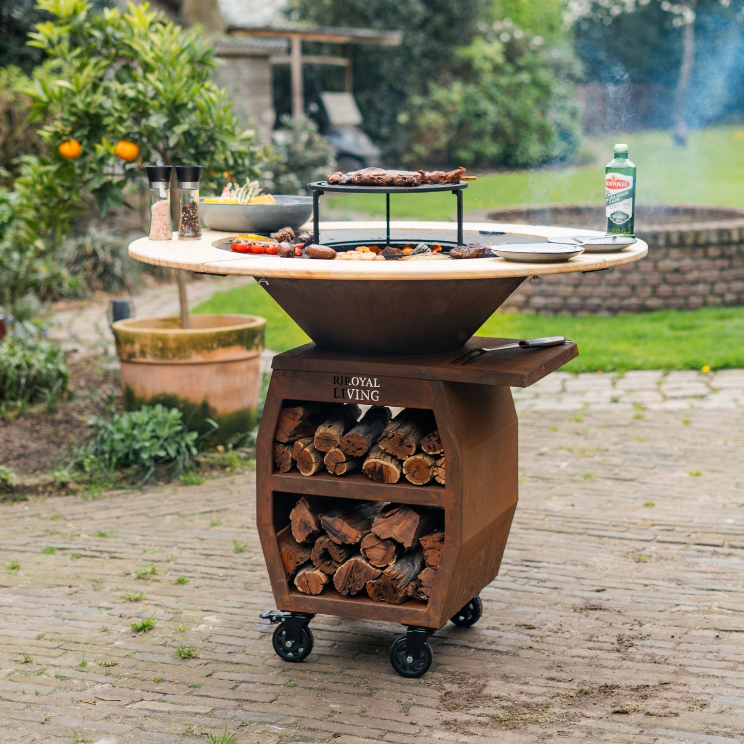 BBQ Plancha Grill Compañero XXL Acero Corten 2.0 - Con Borde de Madera Plancha Mesa