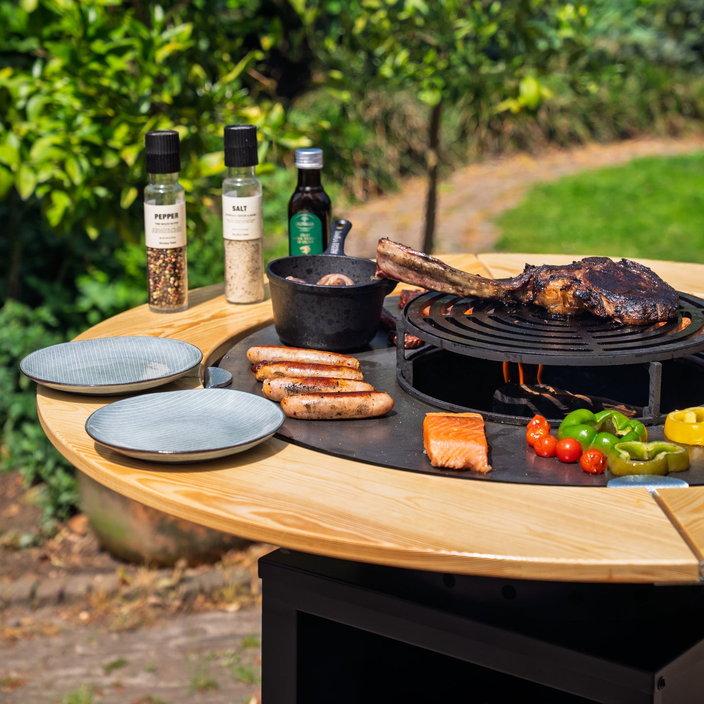 BBQ Plancha Grill Hermano XXL Blackline - Ø80cm 8mm Con Borde de Madera Mesa