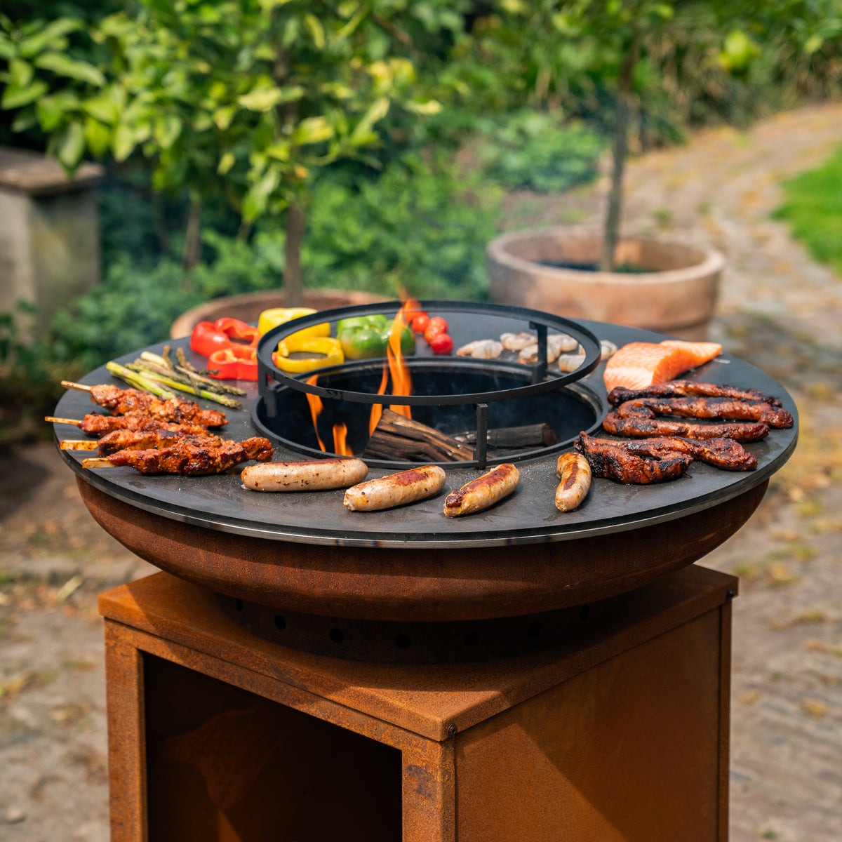 Barbacoa Plancha Hermano XXL Acero Corten - Con atizador y leñero Ø80cm 8mm