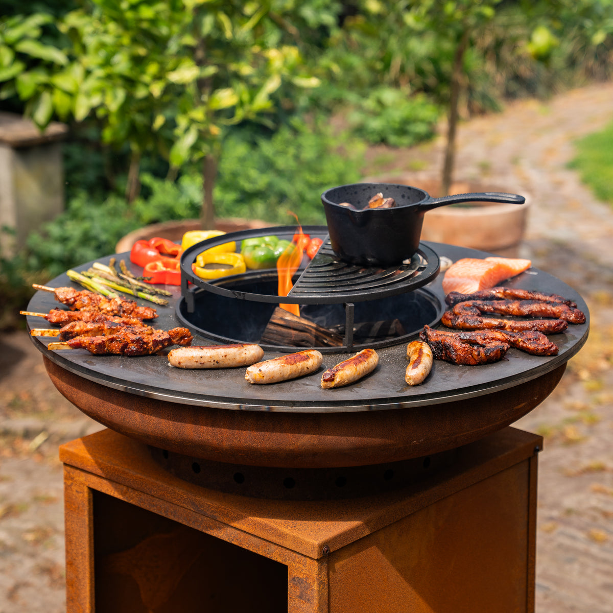 Barbacoa Plancha Hermano XXL Acero Corten - Con atizador y leñero Ø80cm 8mm