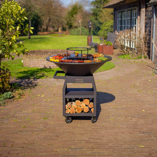 Barbacoa Plancha Grill Maestro XXXL Ø100cm Blackline - Con Ruedas Grandes y Almacenamiento de Leña
