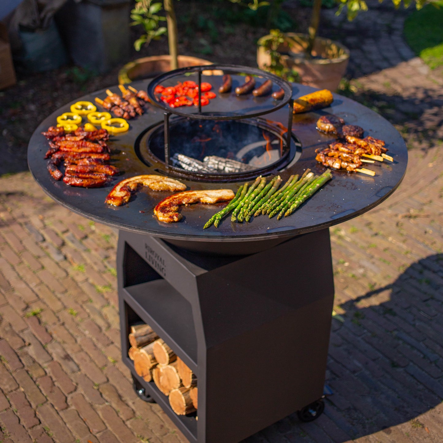Barbacoa Plancha Grill Maestro XXXL Ø100cm Blackline - Con Ruedas Grandes y Almacenamiento de Leña