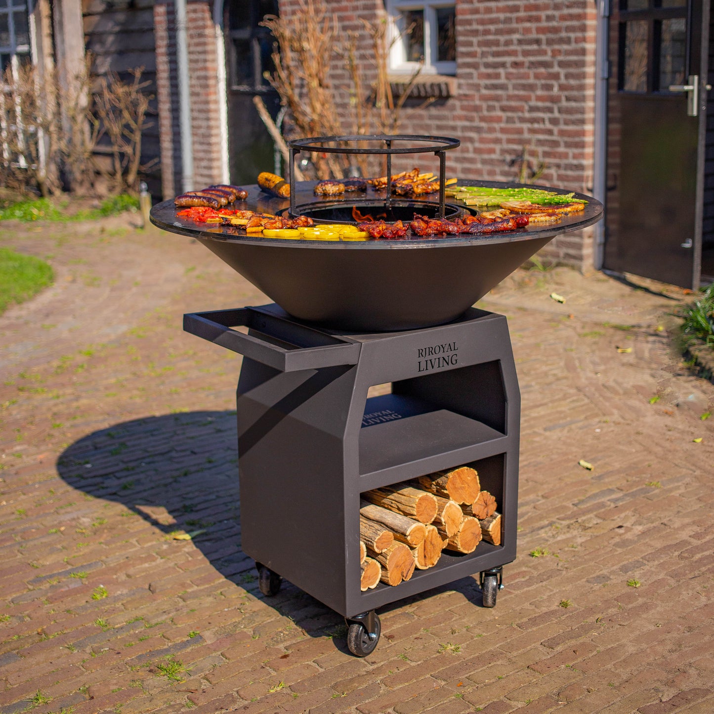 Barbacoa Plancha Grill Maestro XXXL Ø100cm Blackline - Con Ruedas Grandes y Almacenamiento de Leña