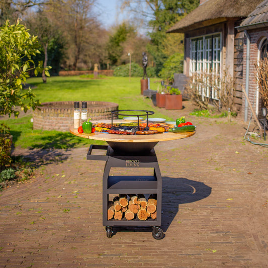 Barbacoa Plancha Grill Maestro Ø70cm Blackline - Con Marco de Madera Plancha Mesa