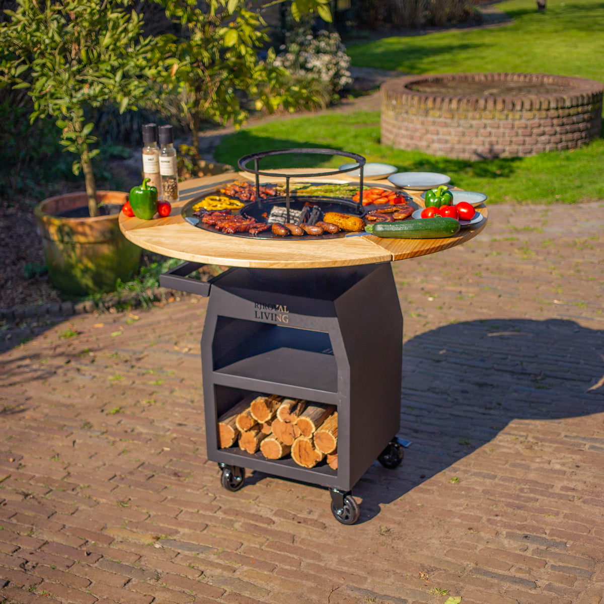 Barbacoa Plancha Grill Maestro Ø70cm Blackline - Con Marco de Madera Plancha Mesa