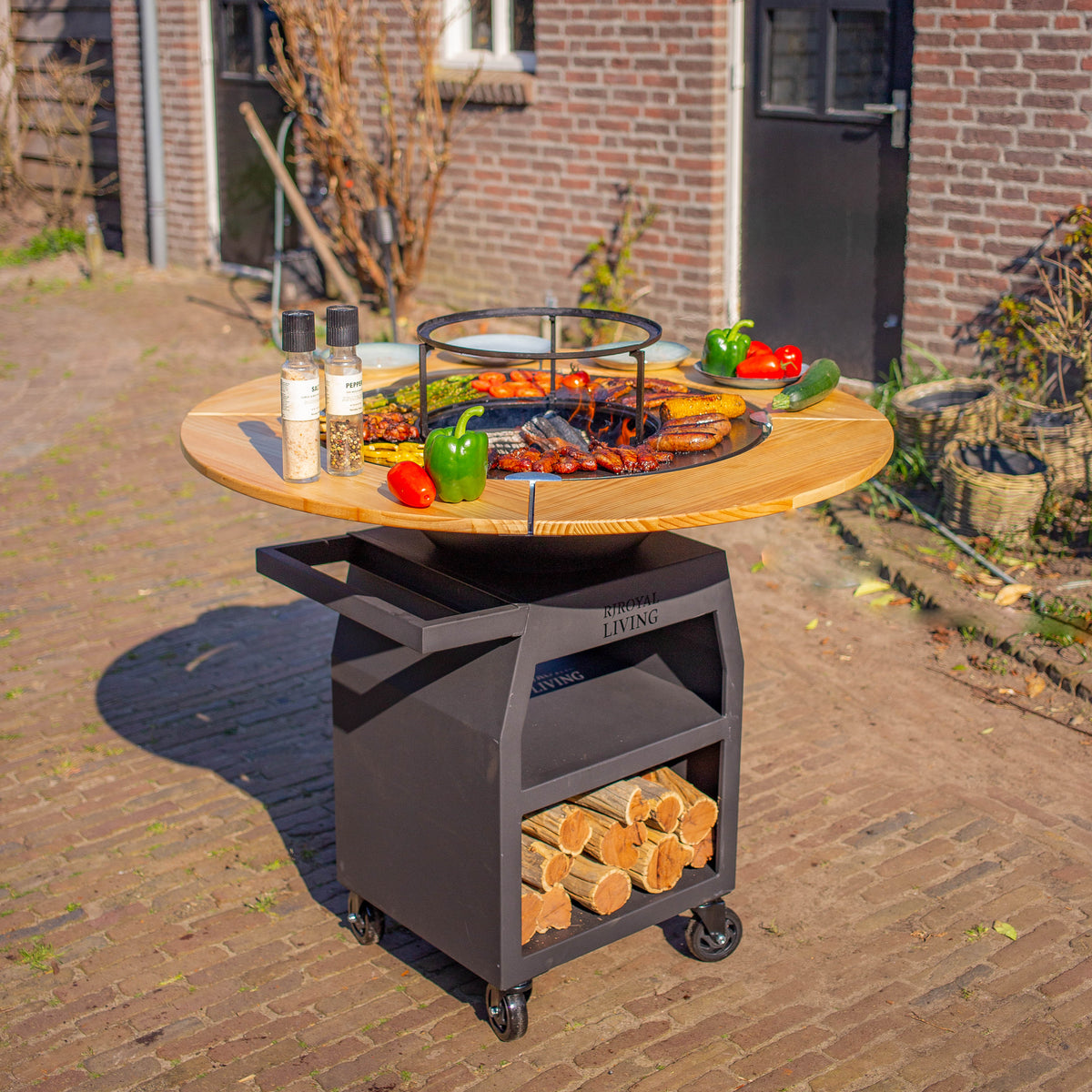 Barbacoa Plancha Grill Maestro Ø70cm Blackline - Con Marco de Madera Plancha Mesa