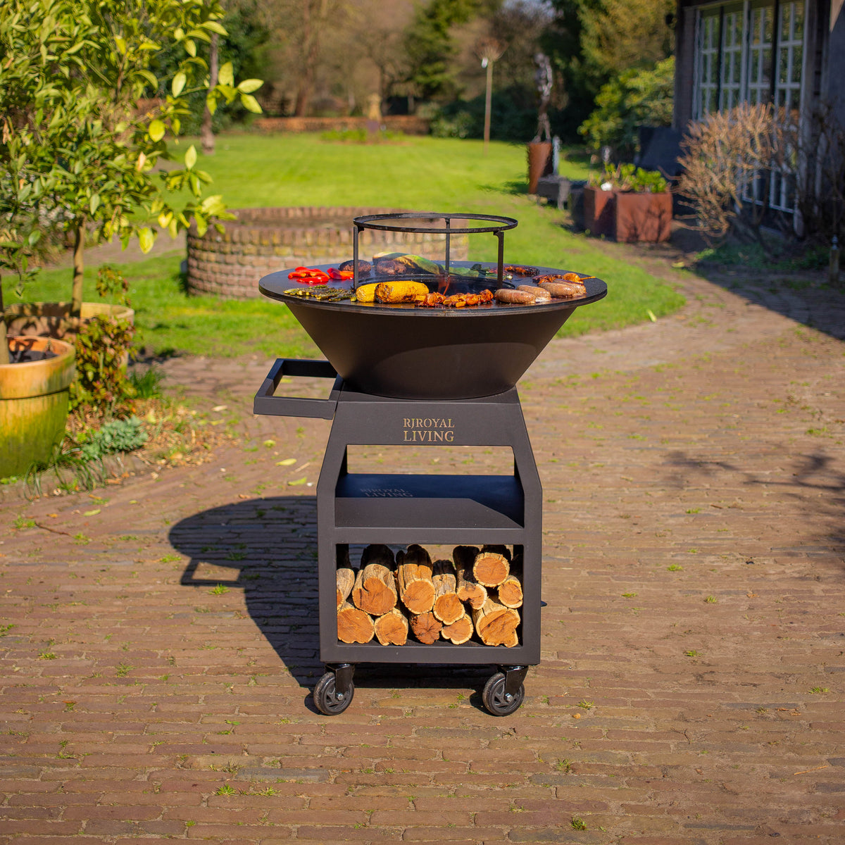 Barbacoa Plancha Grill Maestro XXL Ø80cm Blackline - Con atizador y almacén de leña