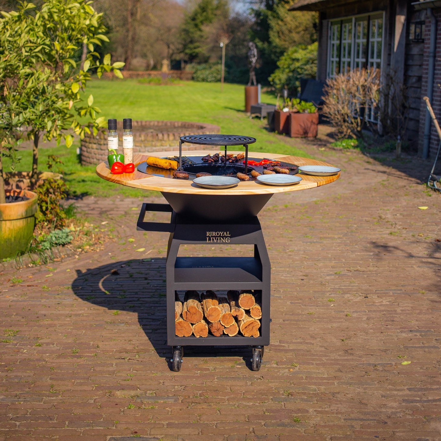 Barbacoa Plancha Maestro XXL Ø80cm Blackline - Con Borde de Madera Mesa