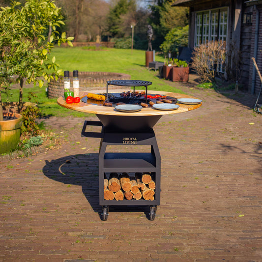 Barbacoa Plancha Maestro XXL Ø80cm Blackline - Con Borde de Madera Mesa