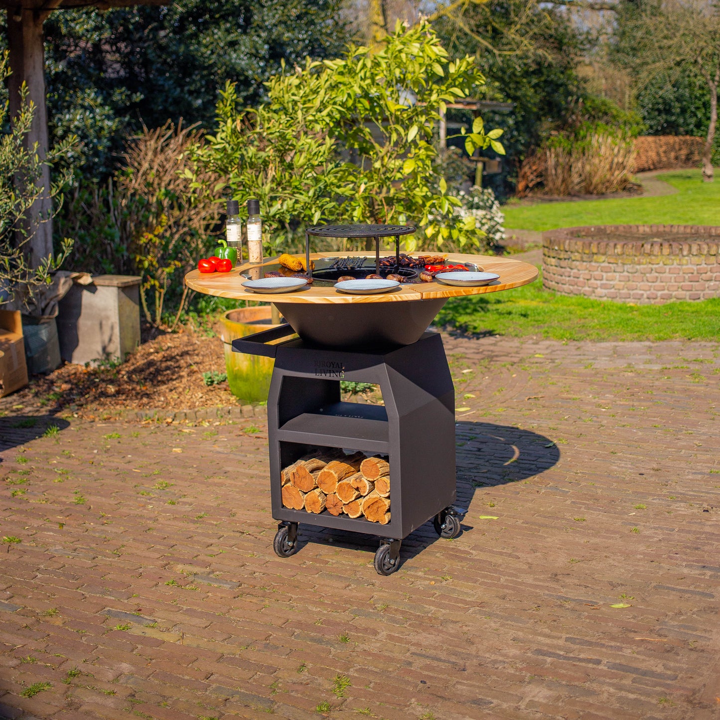 Barbacoa Plancha Maestro XXL Ø80cm Blackline - Con Borde de Madera Mesa
