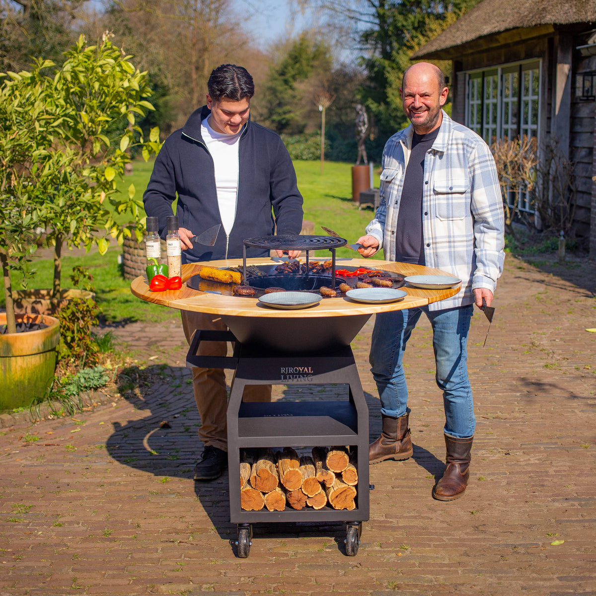 Barbacoa Plancha Maestro XXL Ø80cm Blackline - Con Borde de Madera Mesa