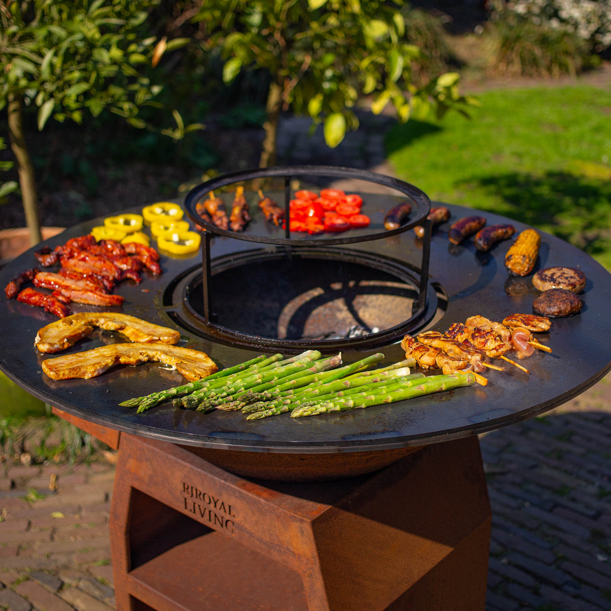 Barbacoa Plancha Grill Maestro XXXL Ø100cm Acero Corten - Con ruedas grandes y almacén de leña
