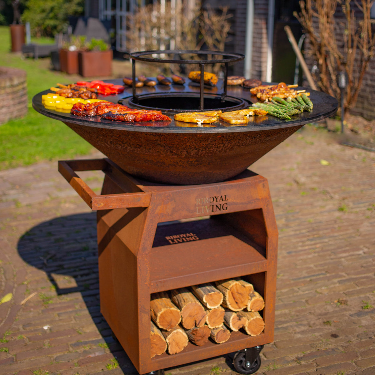 Barbacoa Plancha Grill Maestro XXXL Ø100cm Acero Corten - Con ruedas grandes y almacén de leña