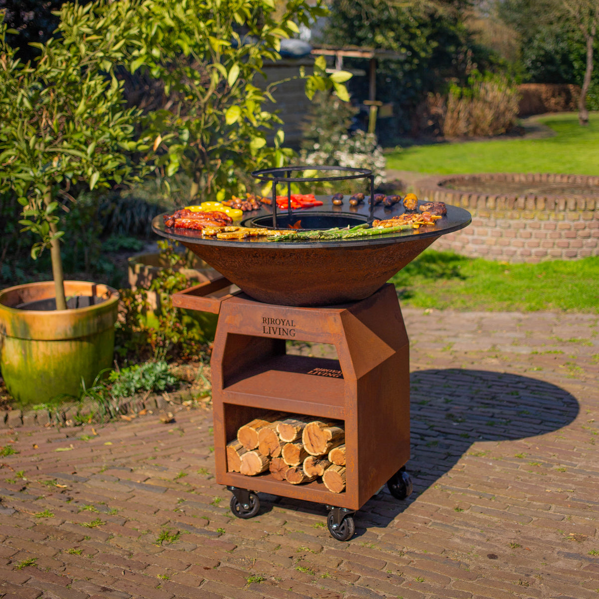 Barbacoa Plancha Grill Maestro XXXL Ø100cm Acero Corten - Con ruedas grandes y almacén de leña