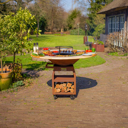 BBQ Plancha Grill Maestro XXXL Ø100cm Acero Corten - Con Borde de Madera Mesa