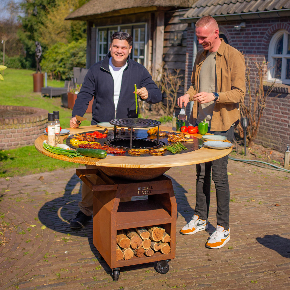 BBQ Plancha Grill Maestro XXXL Ø100cm Acero Corten - Con Borde de Madera Mesa