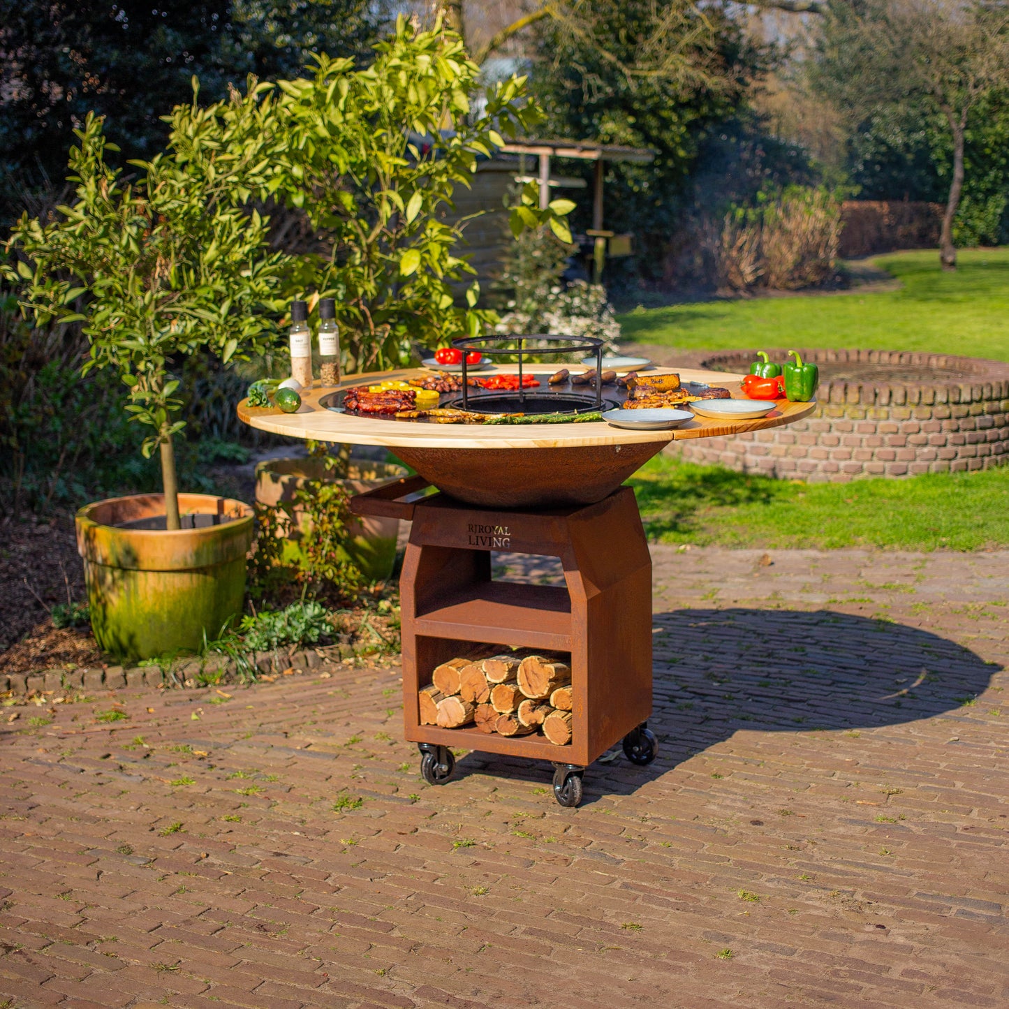 BBQ Plancha Grill Maestro XXXL Ø100cm Acero Corten - Con Borde de Madera Mesa