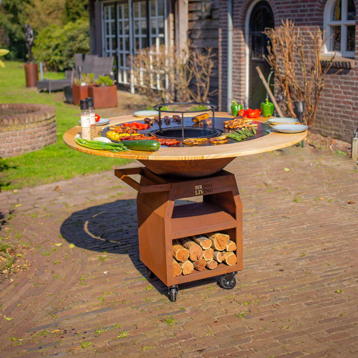 BBQ Plancha Grill Maestro XXXL Ø100cm Acero Corten - Con Borde de Madera Mesa