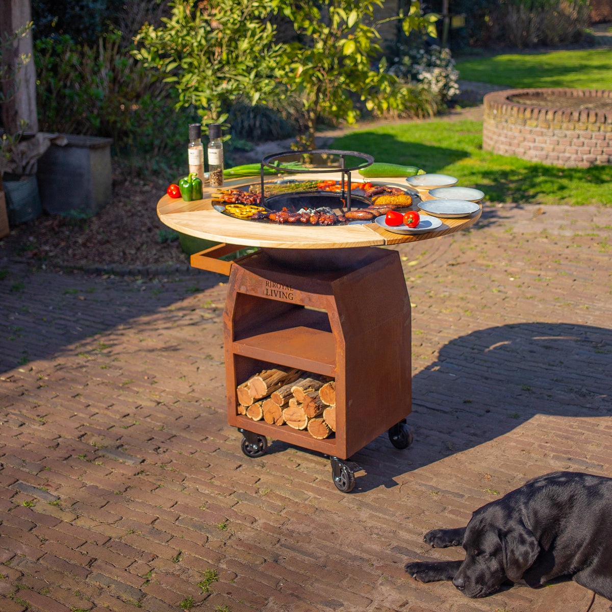 BBQ Plancha Grill Maestro Ø70cm Acero Corten - Con Borde de Madera Plancha Mesa