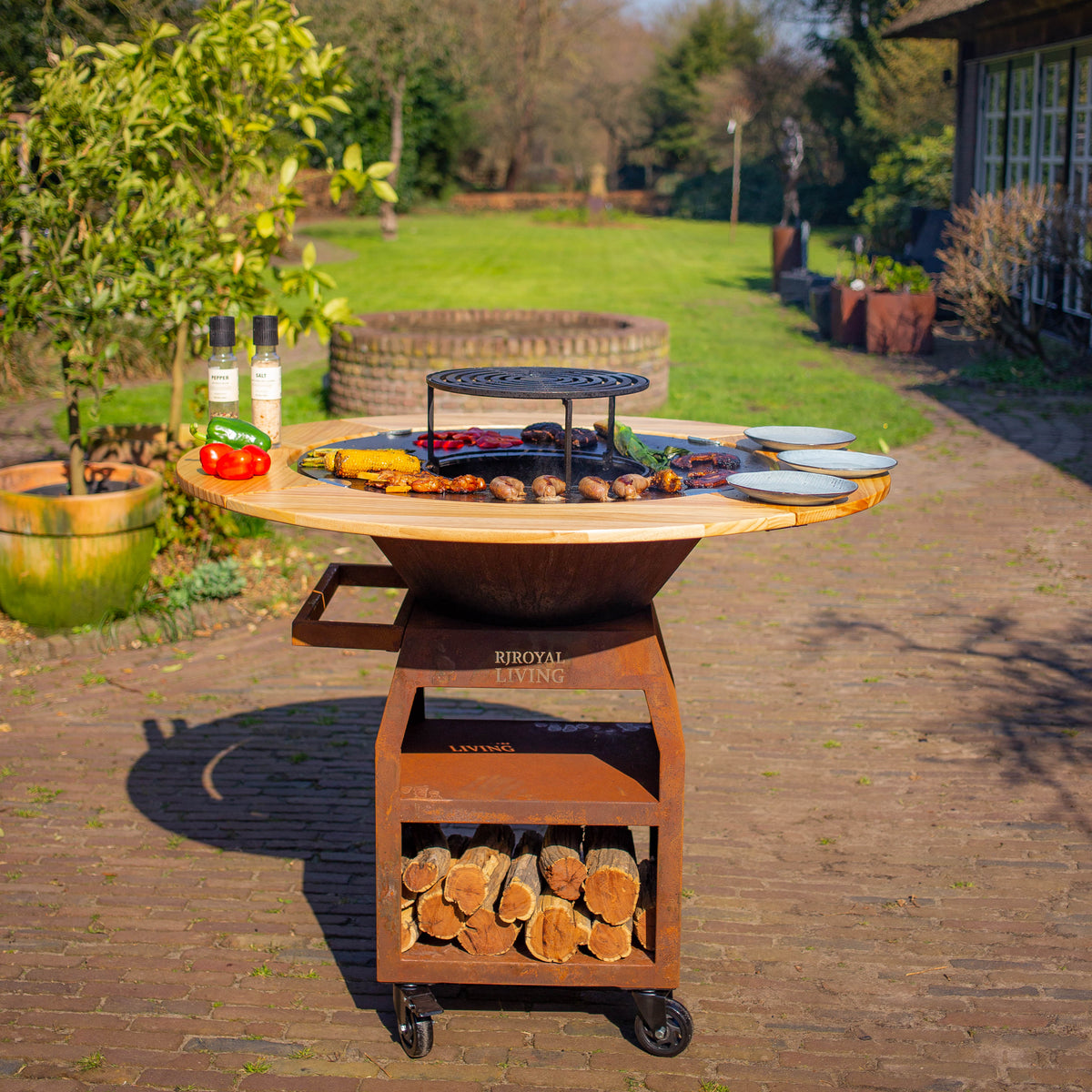 Barbacoa Plancha Grill Maestro XXL Ø80cm Acero Corten - Con Borde de Madera Mesa