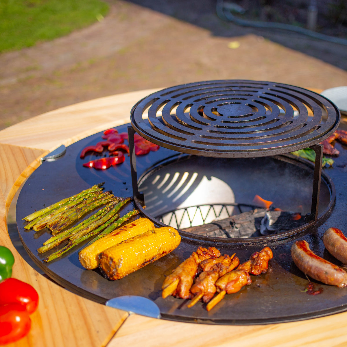 Barbacoa Plancha Grill Maestro XXL Ø80cm Acero Corten - Con Borde de Madera Mesa