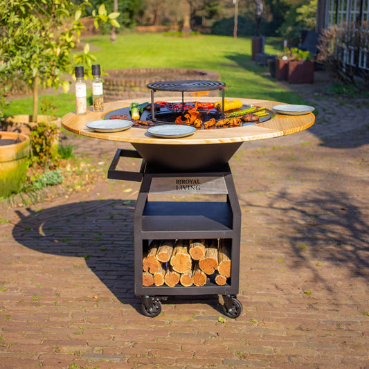 BBQ Plancha Grill Maestro sin Humo XXL Ø80cm Blackline - Plancha Sin Humo con Borde de Madera Mesa