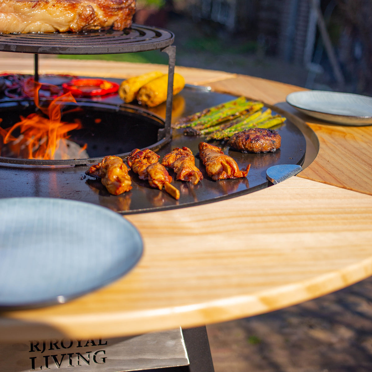 BBQ Plancha Grill Maestro sin Humo XXL Ø80cm Blackline - Plancha Sin Humo con Borde de Madera Mesa