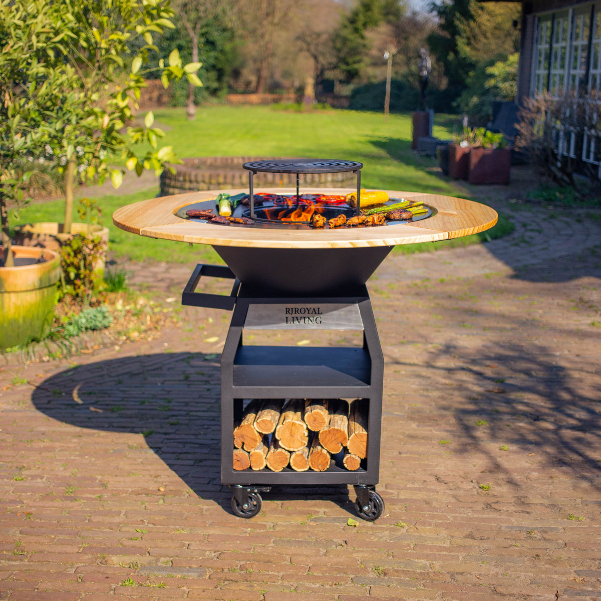 BBQ Plancha Grill Maestro sin Humo XXL Ø80cm Blackline - Plancha Sin Humo con Borde de Madera Mesa