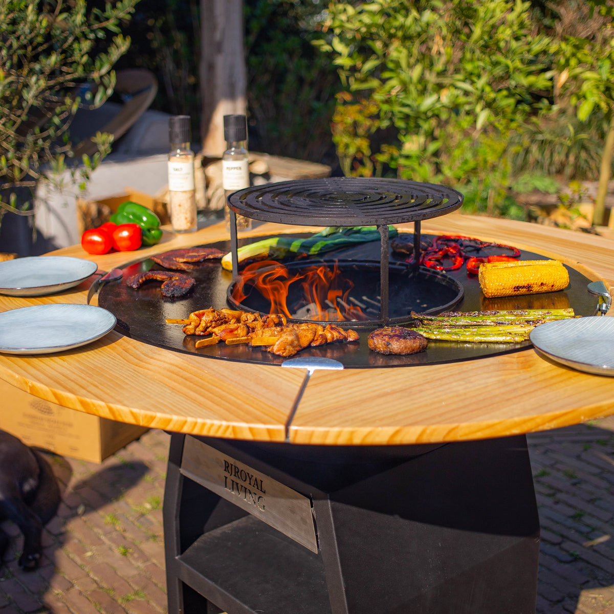 BBQ Plancha Grill Maestro sin Humo XXL Ø80cm Blackline - Plancha Sin Humo con Borde de Madera Mesa