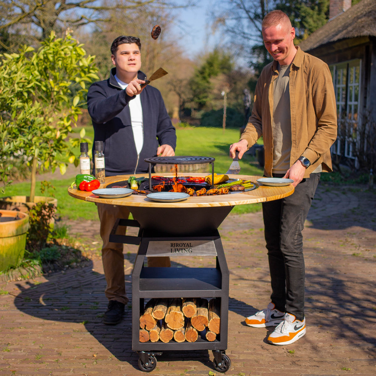 BBQ Plancha Grill Maestro sin Humo XXL Ø80cm Blackline - Plancha Sin Humo con Borde de Madera Mesa