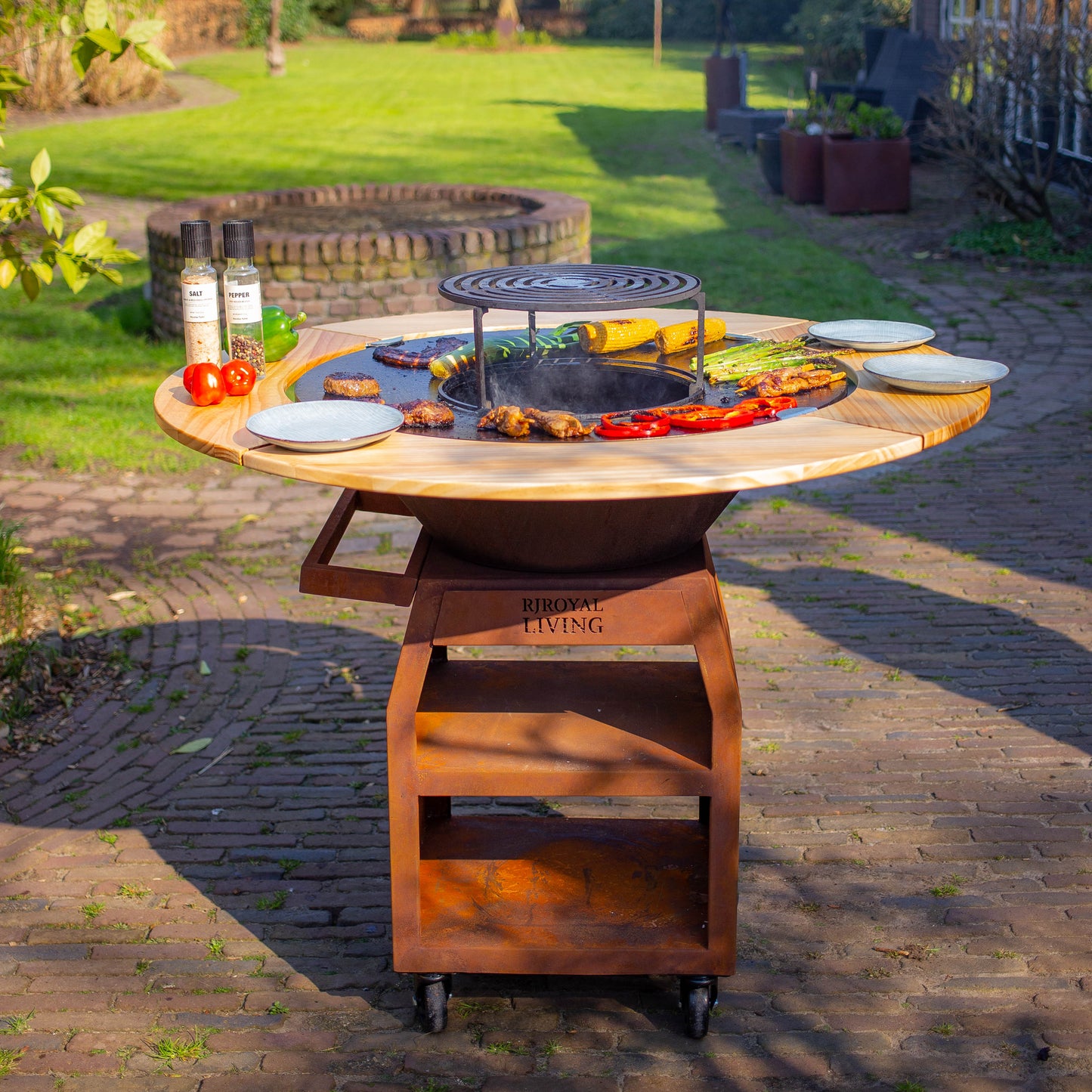 Barbacoa Plancha Grill Maestro Sin Humo XXL Ø80cm Acero Corten - Plancha Sin Humo Con Borde de Madera Mesa