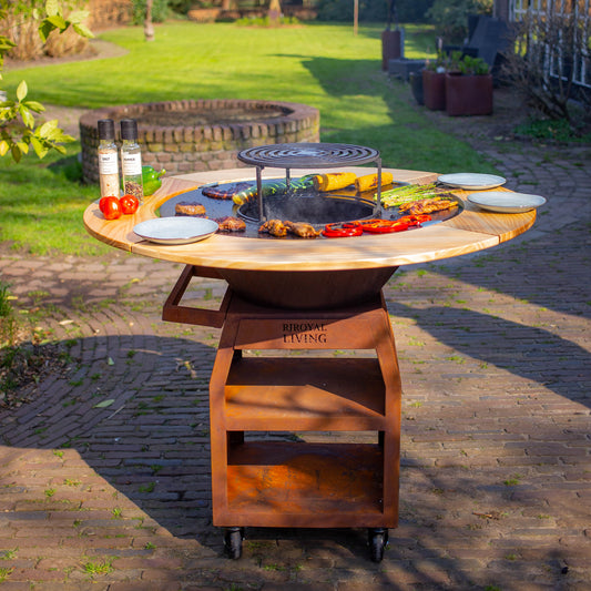 Barbacoa Plancha Grill Maestro Sin Humo XXL Ø80cm Acero Corten - Plancha Sin Humo Con Borde de Madera Mesa