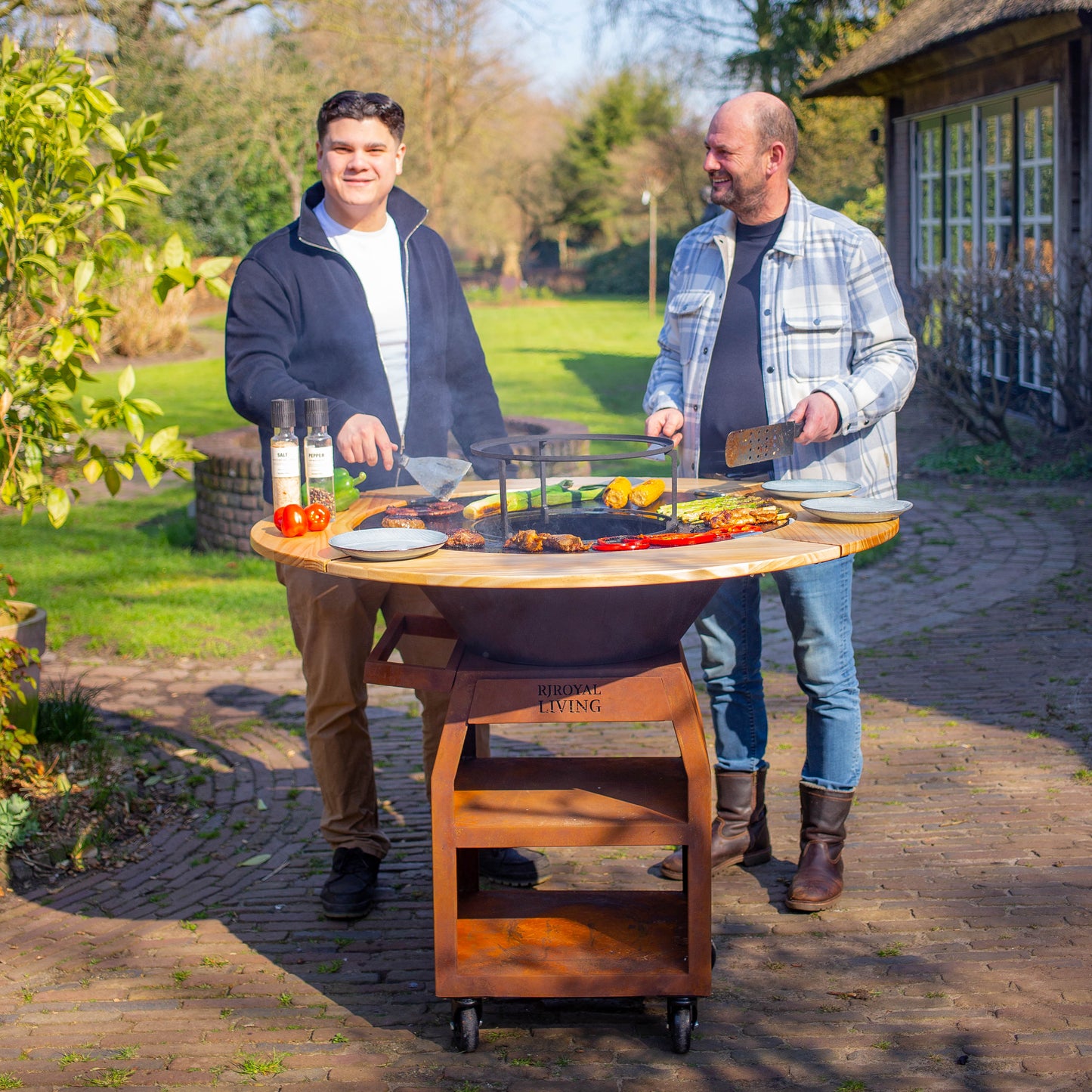 Barbacoa Plancha Grill Maestro Sin Humo XXL Ø80cm Acero Corten - Plancha Sin Humo Con Borde de Madera Mesa