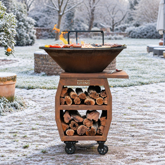 BBQ Plancha Grill Compañero XXL Acero Corten 2.0 - Con atizador y almacén de leña Ø80cm