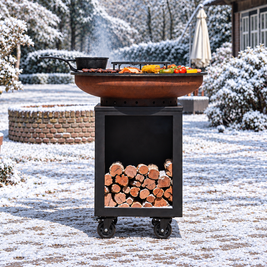 RJRoyal Living Hermano XXL 80 cm met Corten vuurschaal en zwart onderstel in besneeuwde tuin