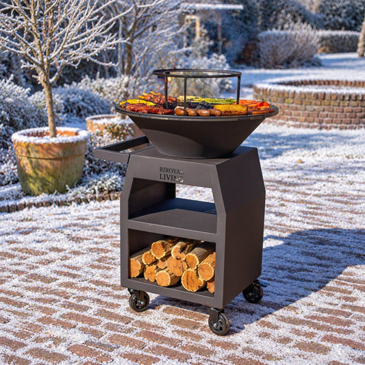 BBQ Plancha Grill Maestro Ø70cm Blackline - Con ruedas grandes y almacén de leña