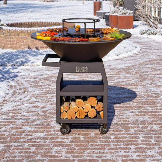 Barbacoa Plancha Grill Maestro XXXL Ø100cm Blackline - Con Ruedas Grandes y Almacenamiento de Leña