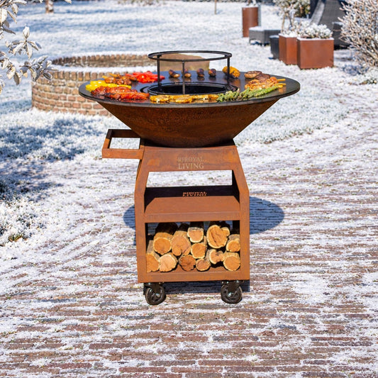 Barbacoa Plancha Grill Maestro XXXL Ø100cm Acero Corten - Con ruedas grandes y almacén de leña